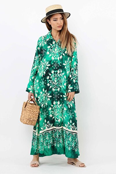 Ritnice Prive Women's Art 100% Viscose Green Shirt Collar Buttoned Front Long...