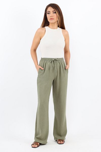Ritnice Women's Linen Comfy Khaki Straight Cut Elastic Waist Trousers