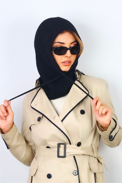 Ritnice Women's Drawstring Black Balaclava Knitwear Beanie / Headgear