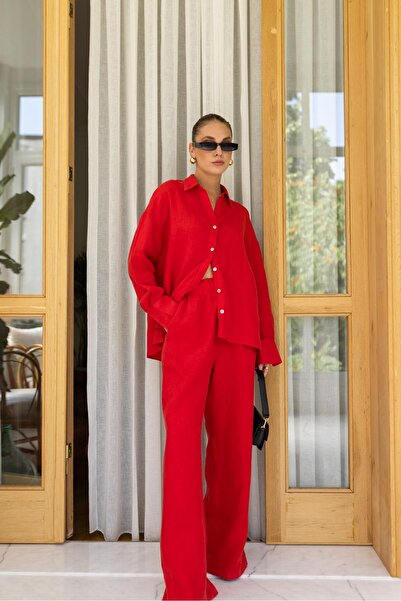 Askı Nişantaşı Linen Red Trousers - Wide Leg and Elastic Waist