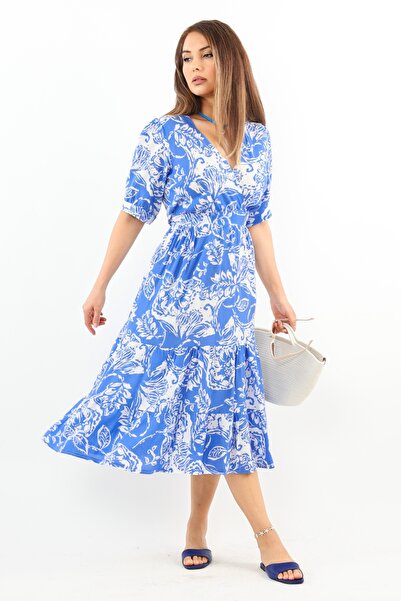 Ritnice Rochie Midi Cruise Albastra din Viscoza - Talie Elastica