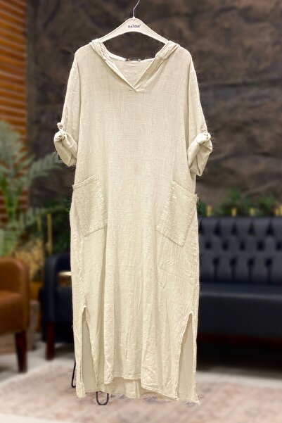 sahnemoda فستان طويل من الكتان مزين بالترتر وجيوب بغطاء للرأس