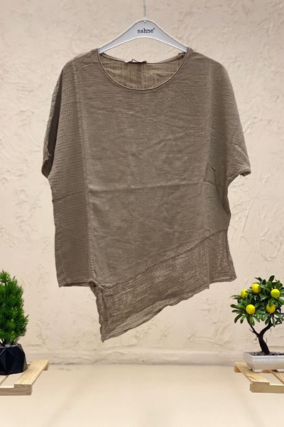 sahnemoda Asimetrik File Detay Kısa Kol Keten Bluz