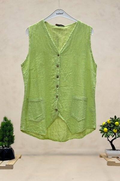 sahnemoda Льняний жилет з V-подібним коміром - дизайн на ґудзиках