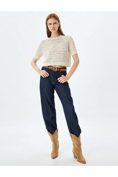 Koton Openwork Bead Embroidered Crop Sweater - Short Sleeve, Crew Neck