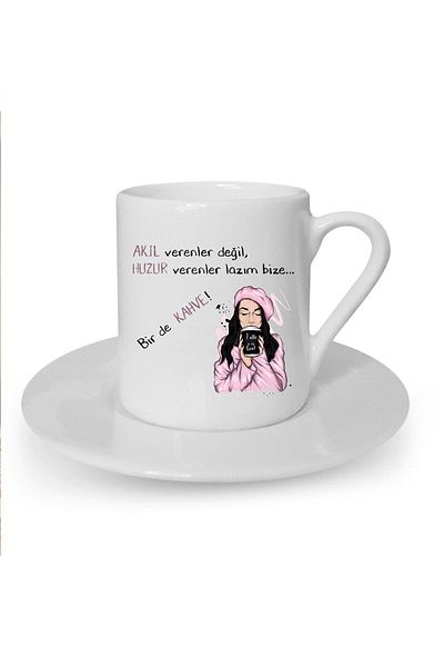 Kumbara Hediyelik Woman Drinking Coffee Printed White Turkish Coffee Cup