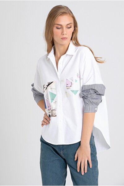VorNişantaşı Kadın Beyaz Özel Tasarım Baskılı Gömlek
