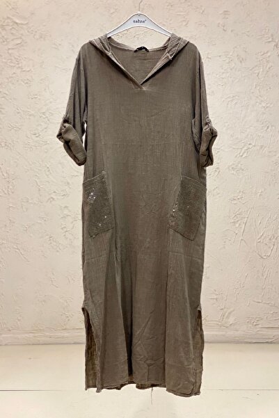 sahnemoda Дълга ленена рокля с пайети и качулка