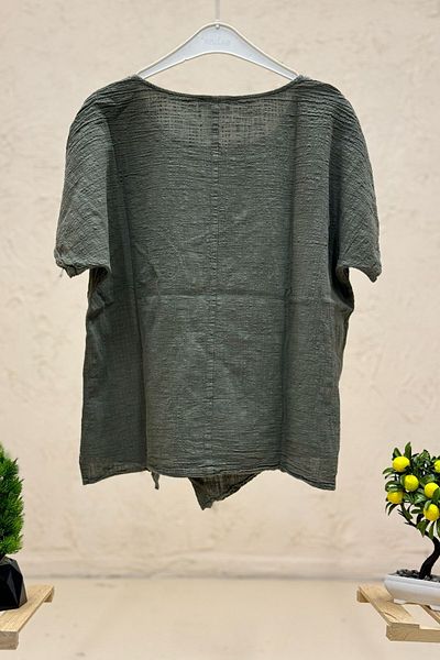 sahnemoda Single Pocket Short Sleeve Oversize Blouse - Front Cross Button