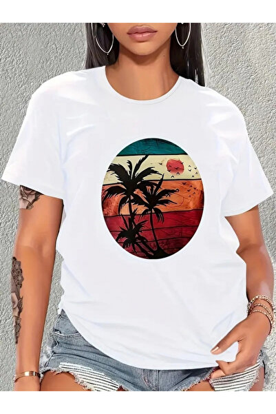 JANES Жіноча віскозна футболка з принтом пальми - короткий рукав