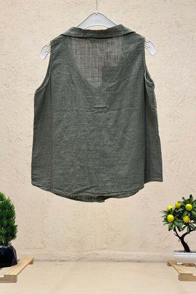 sahnemoda Wooden Buttoned Linen Vest - with Collar and Pockets