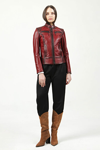 Dericlub Yb2143 Oak. Burgundy Real Leather Women's Coat