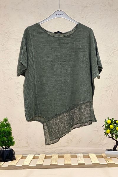 sahnemoda Short Sleeve Asymmetrical Mesh Linen Blouse