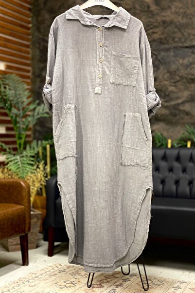 sahnemoda Μακρύ λινό φόρεμα με γιακά με κουμπιά