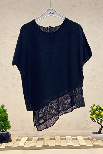 sahnemoda Κοντομάνικη Ασύμμετρη Μπλούζα από Διχτυωτό Λινό