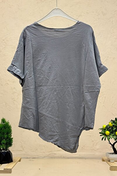 sahnemoda Asymmetrical Linen Blouse - Star Sequin, Short Sleeve