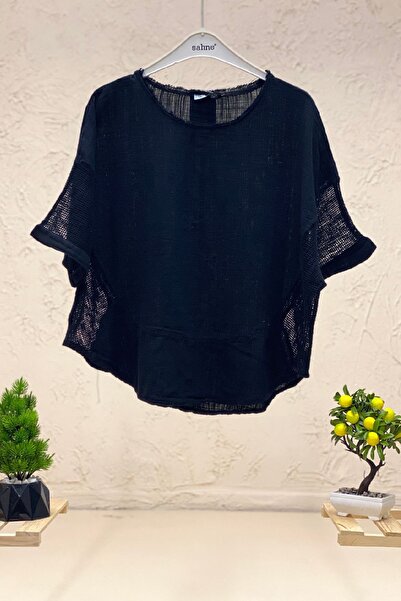 sahnemoda Yanları Fileli Oval Kesim Keten Bluz