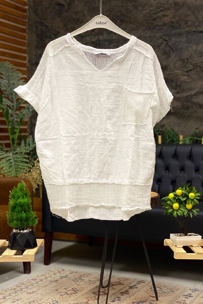 sahnemoda Λινό μπλούζα με δίχτυ τσέπης ώμου Judge Collar