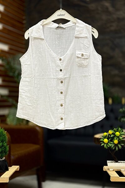 sahnemoda Wooden Buttoned Linen Vest - with Collar and Pockets