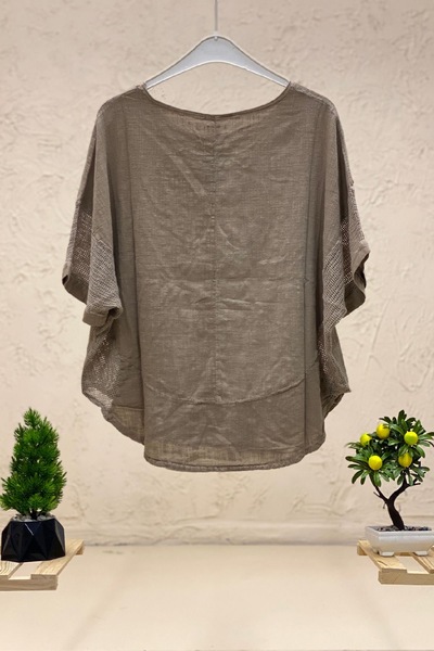 sahnemoda Οβάλ κομμένη μπλούζα από διχτυωτό λινό