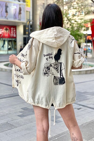 sahnemoda سترة من الكتان الخام بغطاء للرأس بطبعة فتاة على الظهر