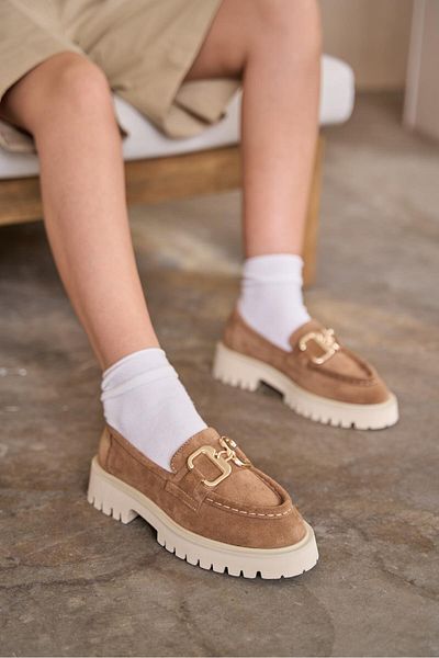 mytopuk Mocasini de damă din piele naturală din piele întoarsă din nurca paprica cu talpa groasa cu cataramă metalica in fata