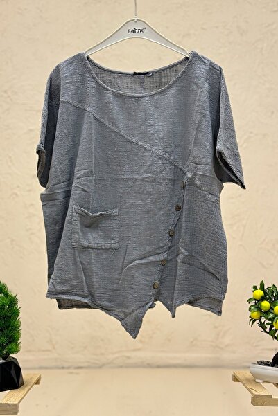 sahnemoda Μπλούζα με κοντό μανίκι μονής τσέπης - Μπροστινό σταυρωτό κουμπί