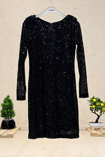 sahnemoda Vatkalı Uzun Kol Sırt Açık Pul Payet Kısa Elbise