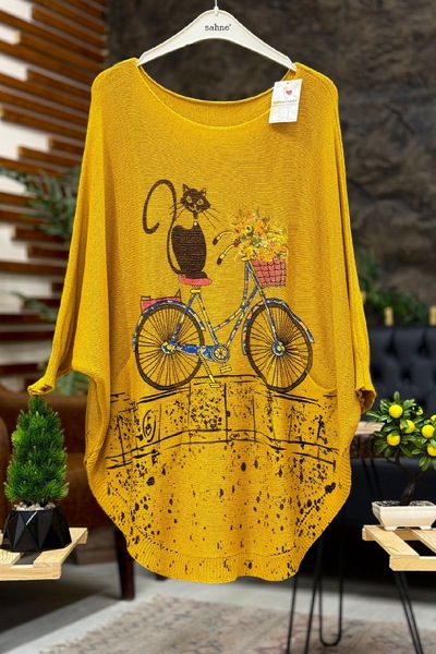 sahnemoda Bluză mercerizată cu imprimeu pisică și bicicletă