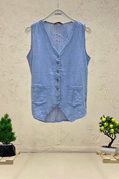 sahnemoda Льняний жилет з V-подібним коміром - дизайн на ґудзиках
