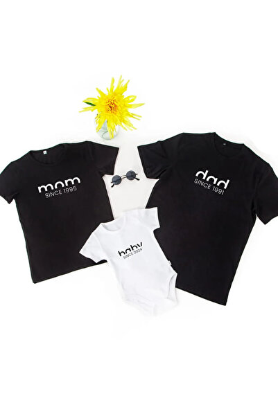 gold fotoğrafçılık Doğum Tarihi Yazılı Anne Baba Tişört Bebek Body 3'lü Aile Kombini