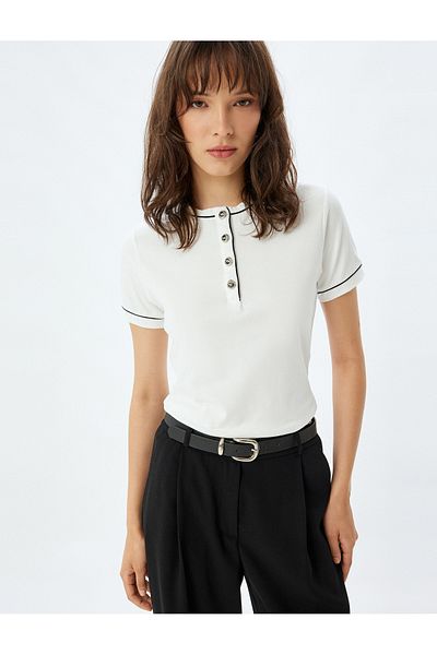 Koton Cotton Slim Fit Short Sleeve T-Shirt - Crew Neck, Button and Contrast Detail