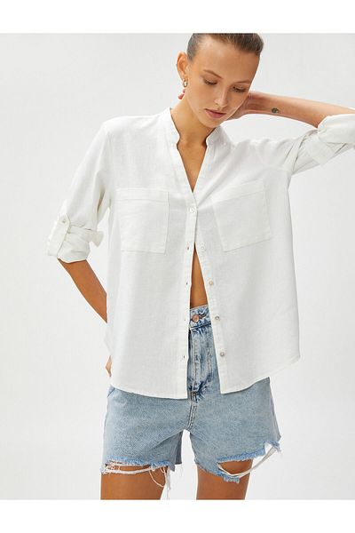 Koton Linen Shirt - Prevailing Collar, Pockets and Foldable Sleeves