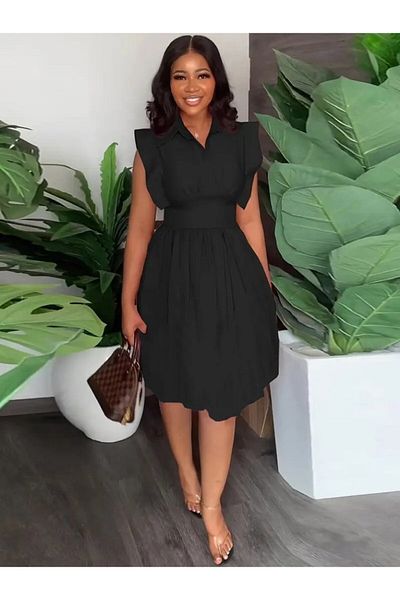 JANES Rochie mini țesătă adunată în față, cu guler și talie pentru femei