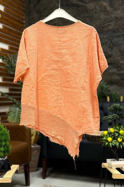 sahnemoda Short Sleeve Asymmetrical Mesh Linen Blouse