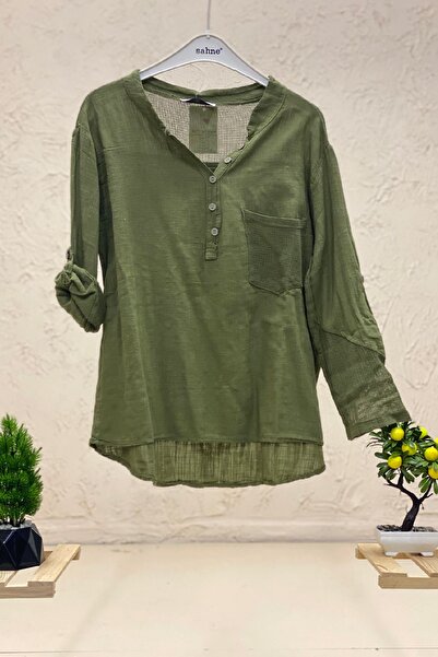 sahnemoda Bluză de in cu buzunar cu guler curbat și detaliu din plasă din spate