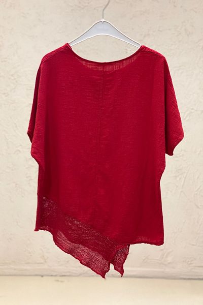 sahnemoda Short Sleeve Asymmetrical Mesh Linen Blouse