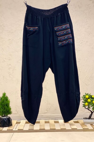 sahnemoda بنطلون كتان مطرز على شكل حرف V - جيوب بتفاصيل خياطة