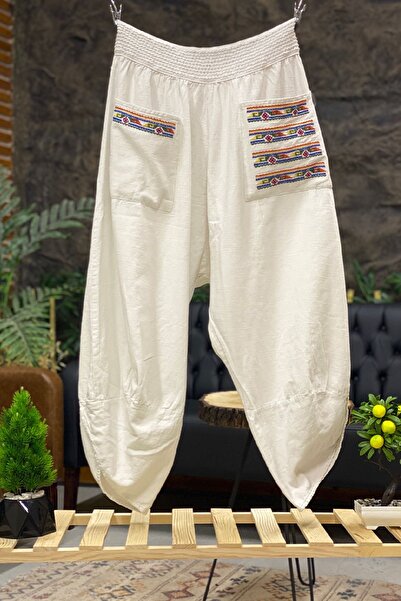 sahnemoda Λινό παντελόνι με τσέπες σε V κομμένο πόδι