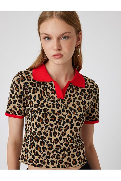 Koton Kurzarmpullover mit Leopardenmuster und Polokragen