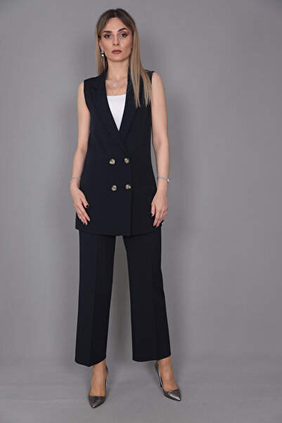 ÖNDER ÖZSOY Midi Boy Klasik Yelek & Kısa Bol Paça Pantolon-Lacivert