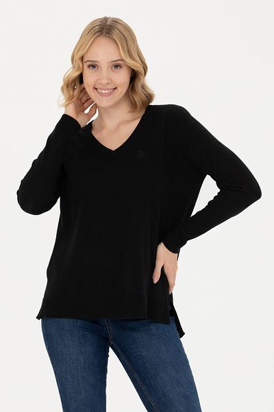 U.S. Polo Assn. Pulover de bază negru cu decolteu în V de damă 50269016 -VR046
