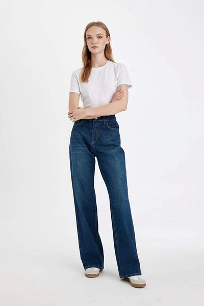 DeFacto D4312 Pantaloni drepți din denim spălat cu talie înaltă