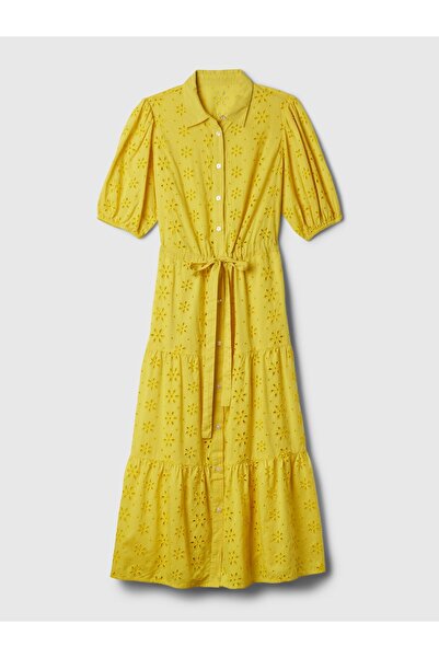 GAP Kadın Sarı Fisto İşlemeli Midi Elbise