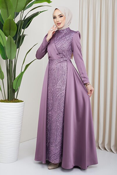 Olcay Satynowa suknia wieczorowa typu hidżab z cekinami i brokatem z przodu oraz spódnicą peleryną K. LILA 1642