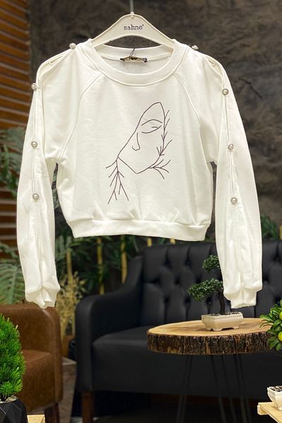 sahnemoda Pearl Buttoned Printed Sweat with Sleeves