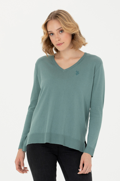 U.S. Polo Assn. Pulover pentru femei Mint cu decolteu în V basic 50269016-VR090