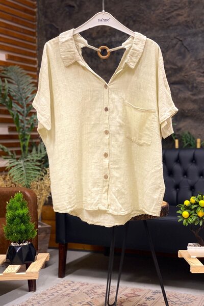 sahnemoda Bluză lejeră din in - spate cu scândură și buclă pentru guler