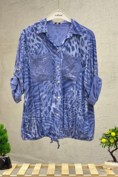 sahnemoda Batik Leopar Desen Pul Detaylı Vual Gömlek