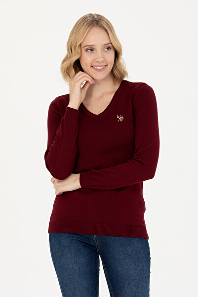U.S. Polo Assn. Γυναικείο πουλόβερ μπορντό με λαιμόκοψη V 50269018-VR014